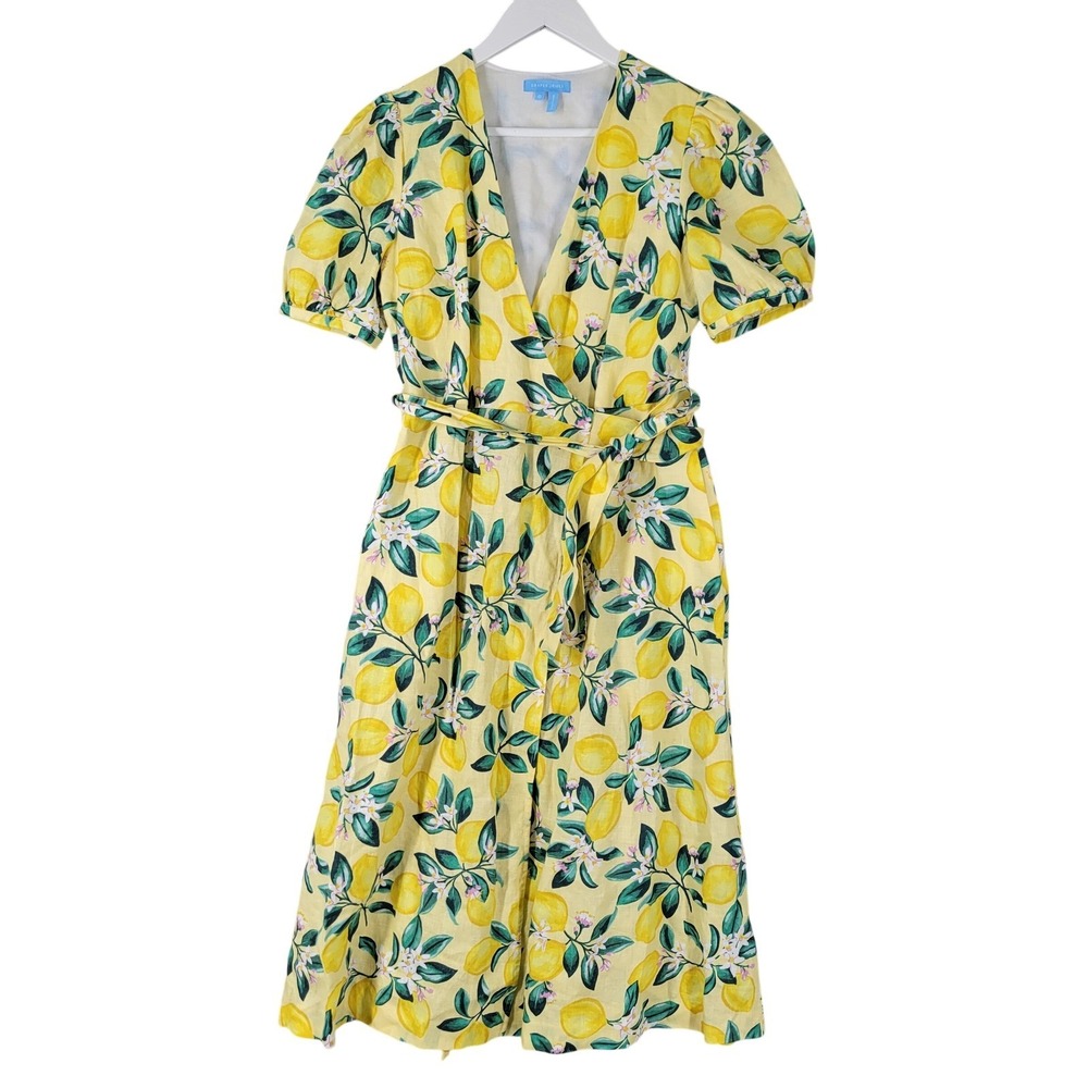 Draper James Linen Midi Wrap Dress Women 0 Yellow Lemon Print Puff Sleeve Cottag